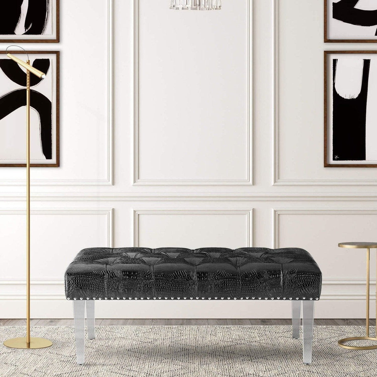 Chic Home Odette Tufted Faux Leather Bench Acrylic Legs Black