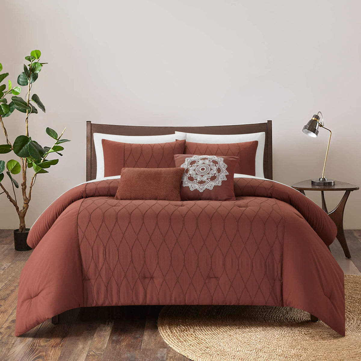 Chic Home Ophelia 5 Piece Textured Jacquard Comforter Set - Brick
