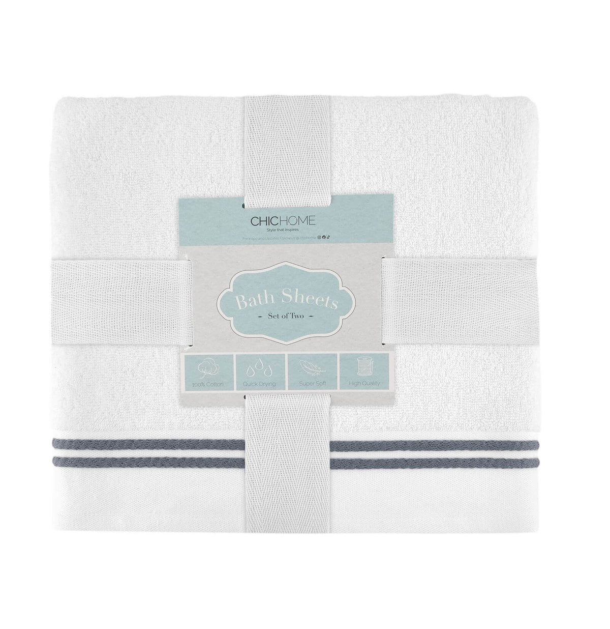 Chic Home Striped Hem Turkish Cotton 2 Piece Bath Sheet Towel Set-Grey