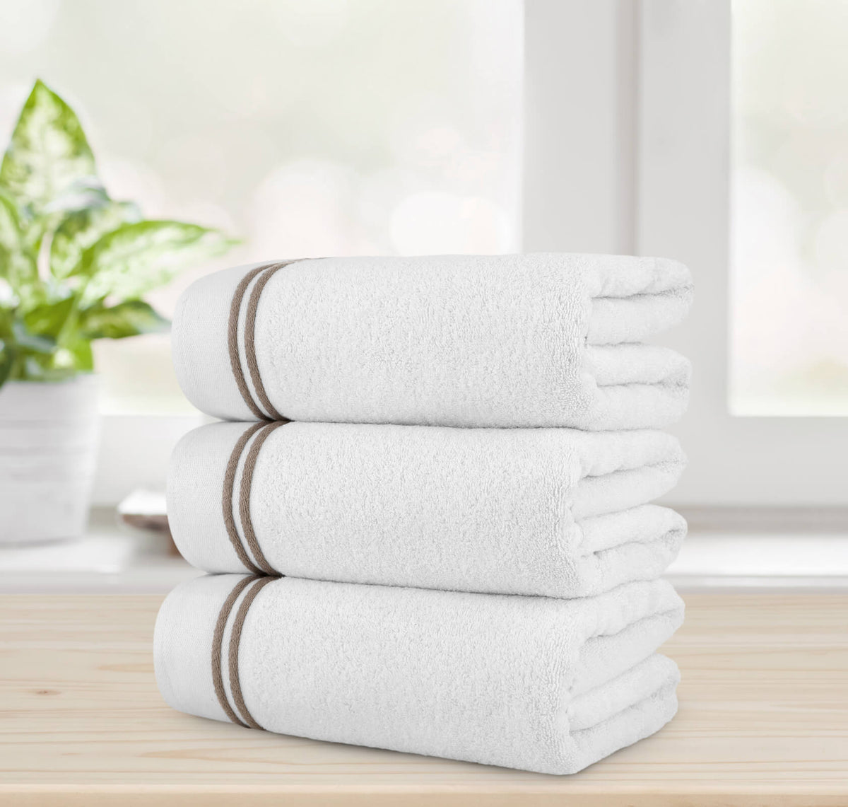 Chic Home Striped Hem Turkish Cotton 3 Piece Bath Towel Set-Taupe