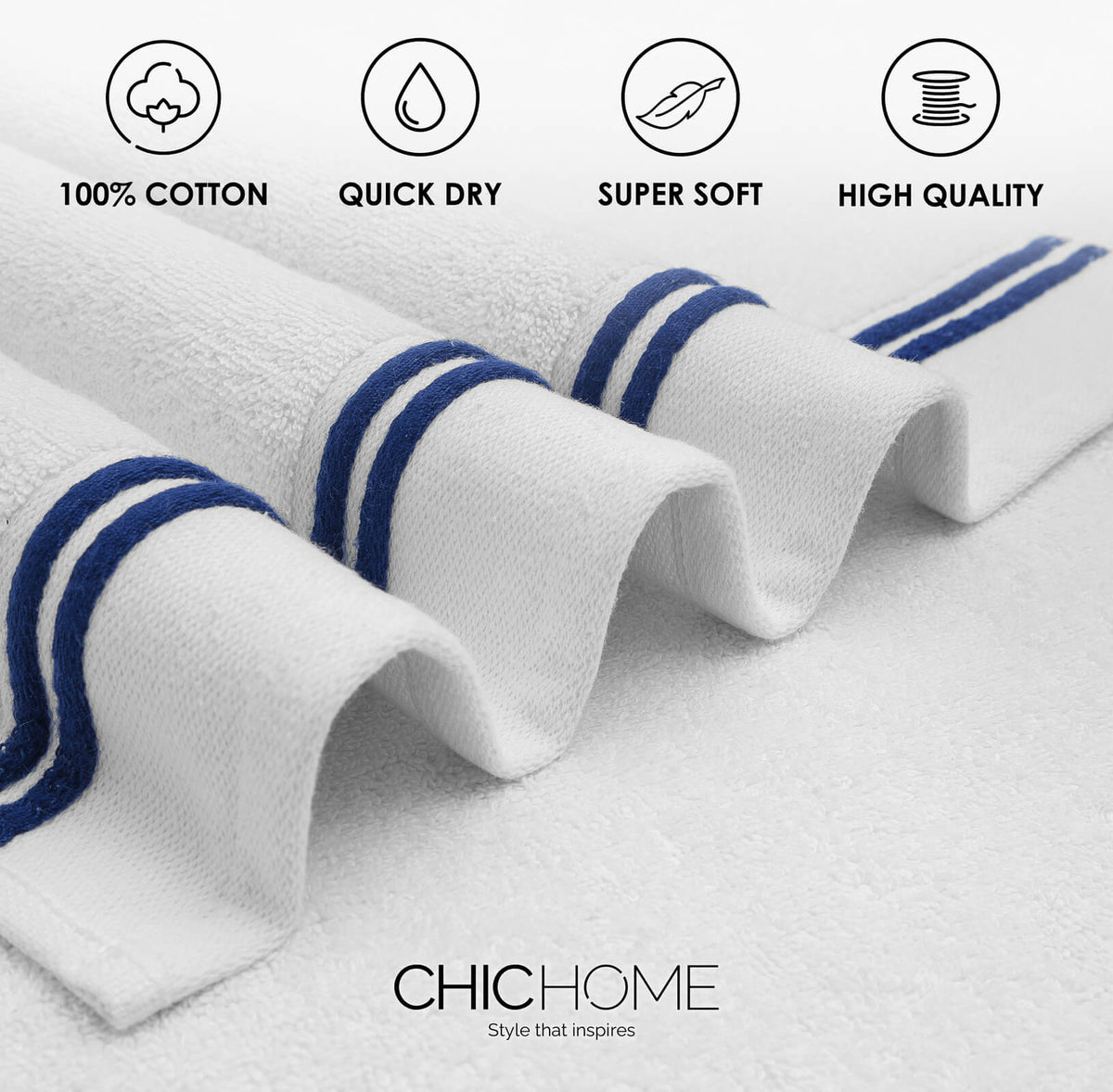 Chic Home Striped Hem Turkish Cotton 2 Piece Bath Sheet Towel Set-Navy