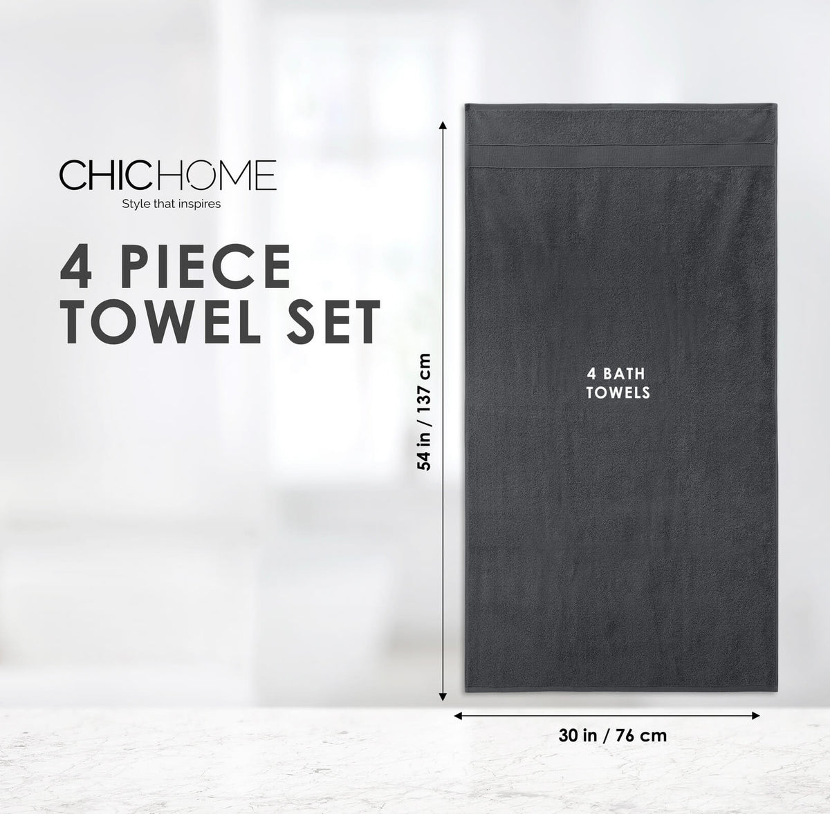 Chic Home Dobby Border Turkish Cotton 4 Piece Bath Towel Set-Charcoal