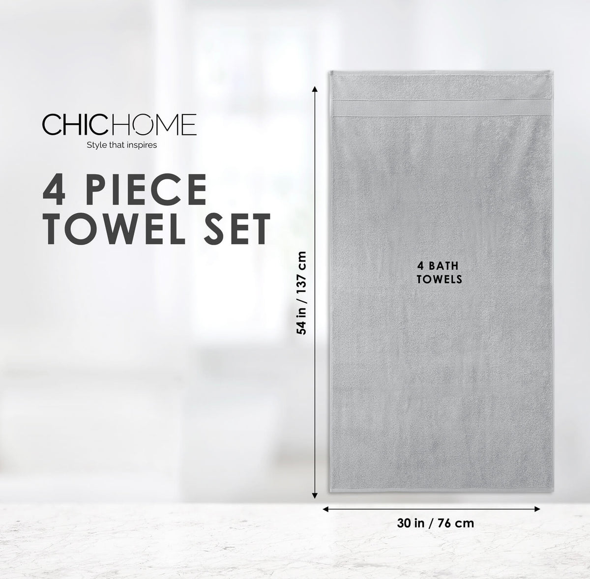Chic Home Dobby Border Turkish Cotton 4 Piece Bath Towel Set-Grey