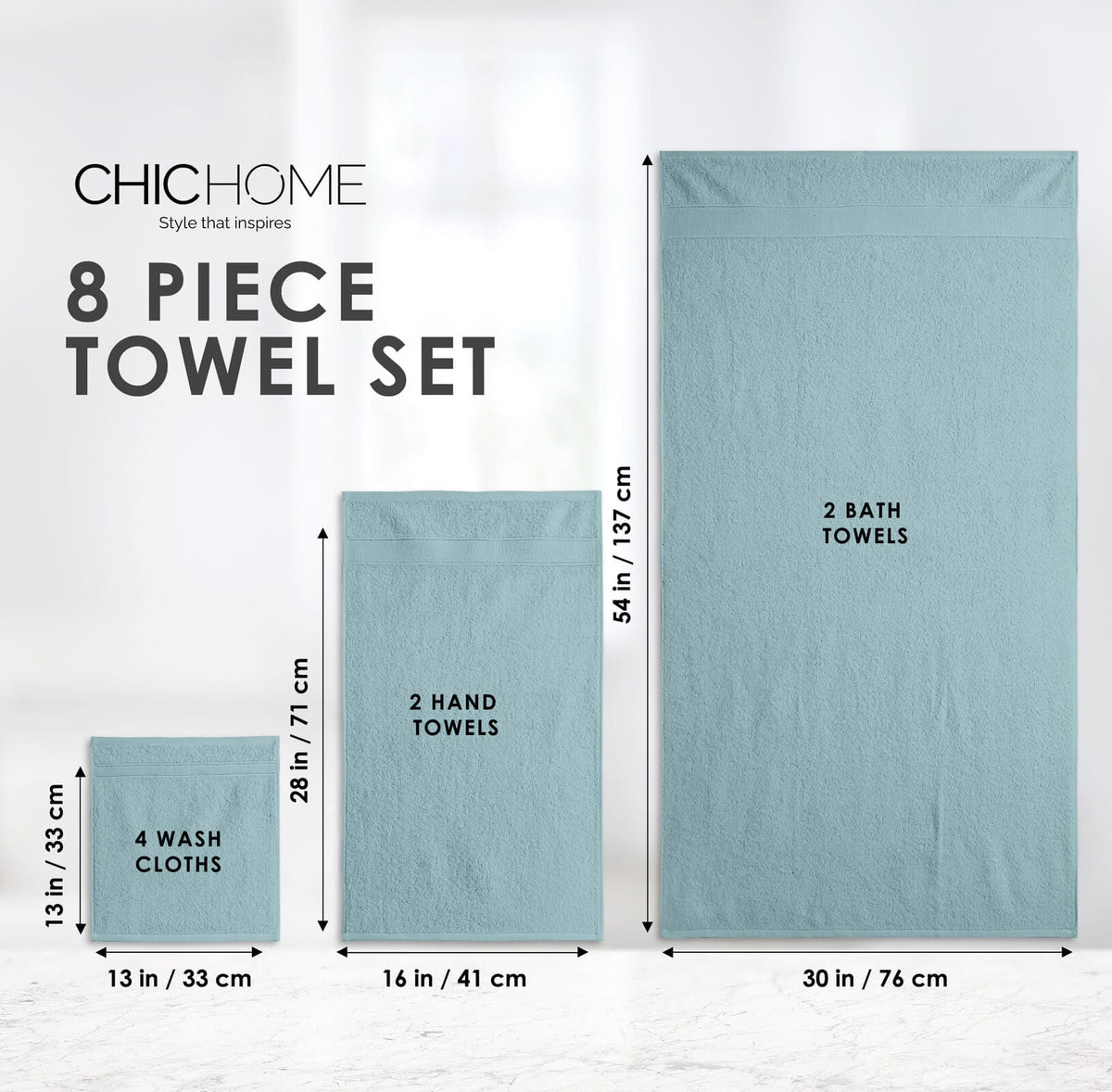 Chic Home Dobby Border Turkish Cotton 8 Piece Towel Set-Blue