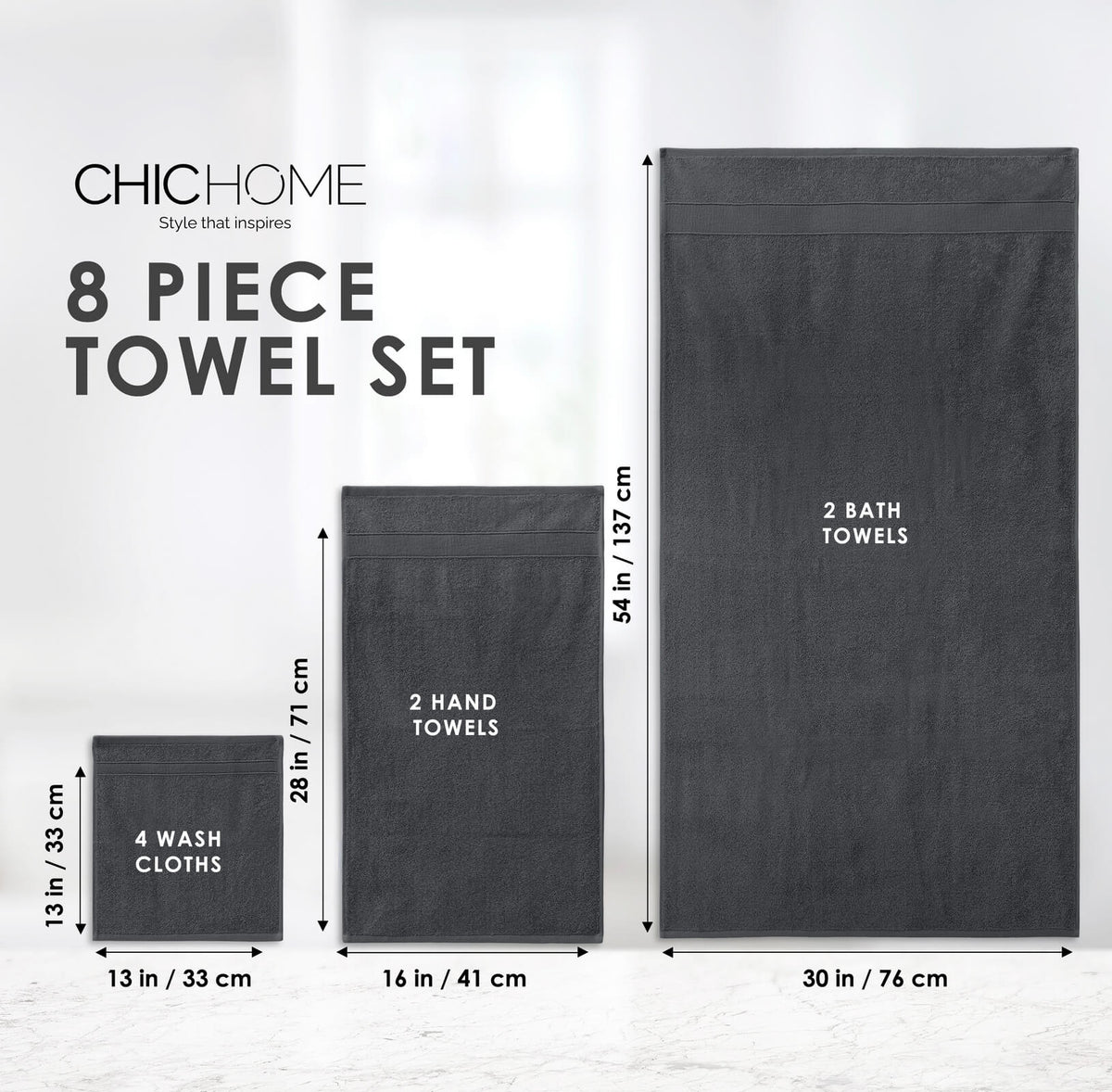 Chic Home Dobby Border Turkish Cotton 8 Piece Towel Set-Charcoal