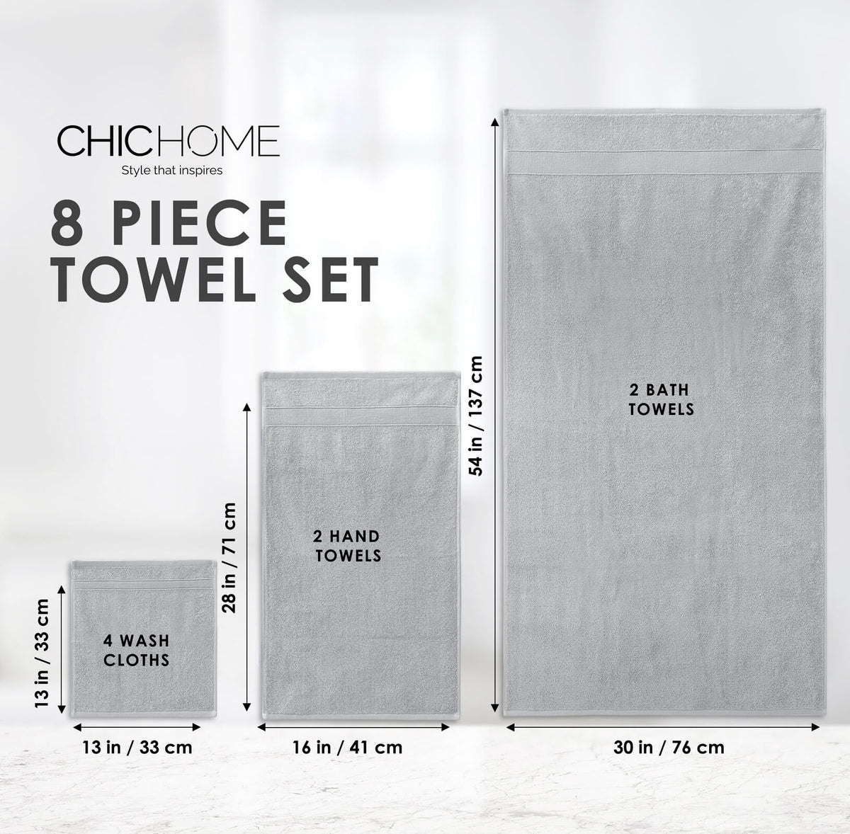 Chic Home Dobby Border Turkish Cotton 8 Piece Towel Set-Grey