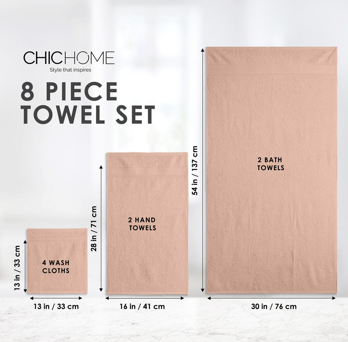 Chic Home Dobby Border Turkish Cotton 8 Piece Towel Set-Rose