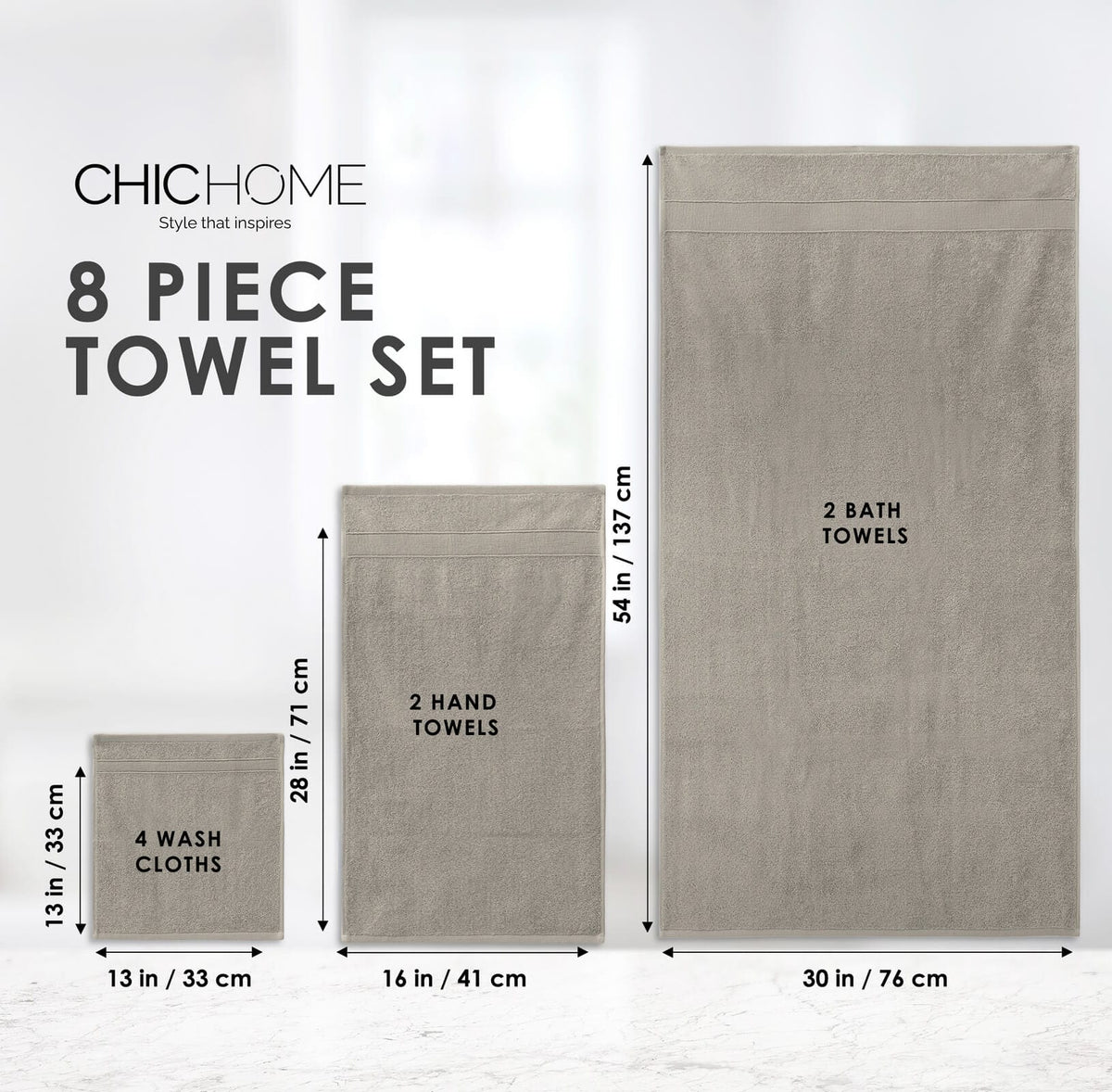 Chic Home Dobby Border Turkish Cotton 8 Piece Towel Set-Taupe
