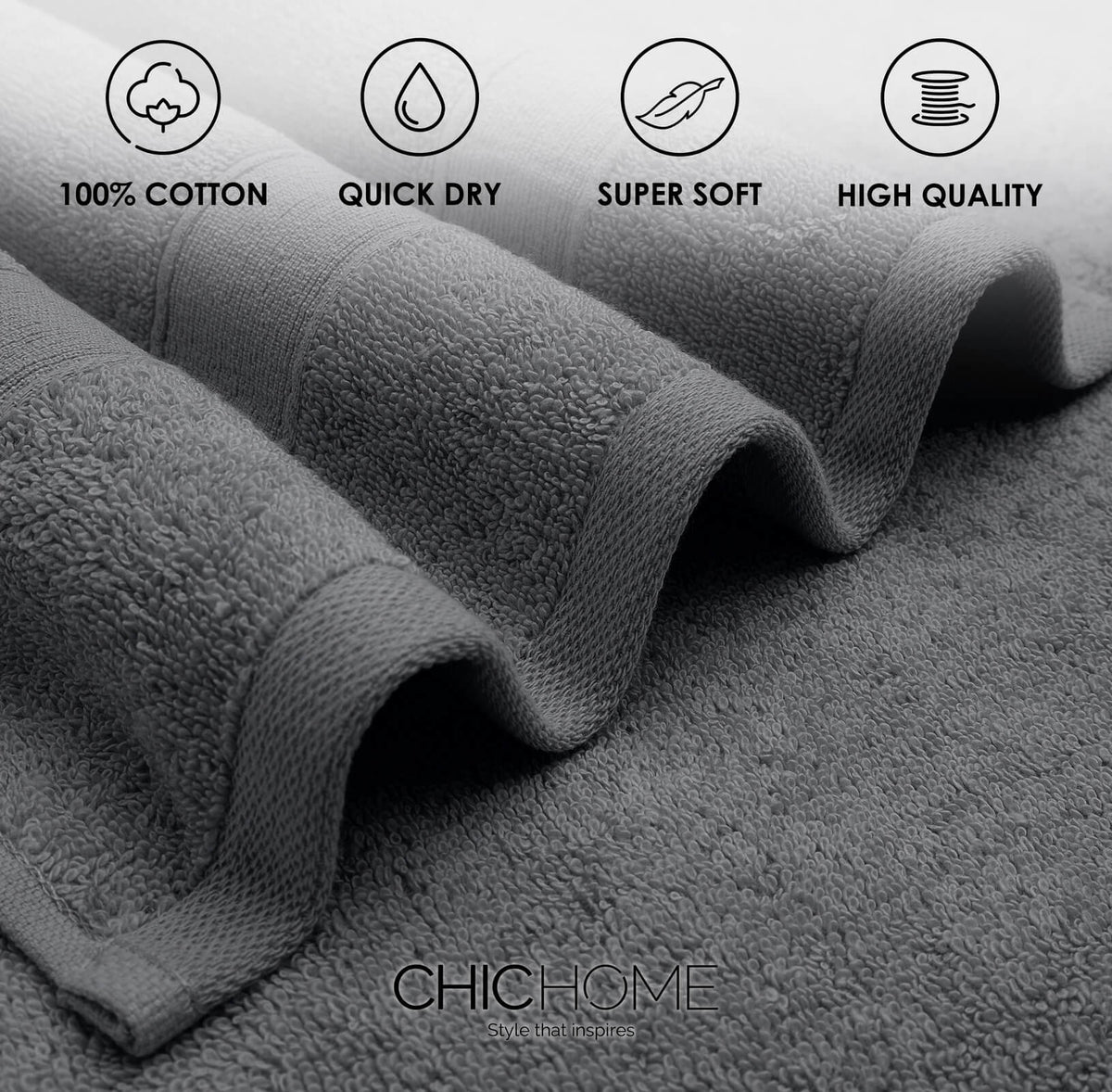 Chic Home Dobby Border Turkish Cotton 4 Piece Bath Towel Set-Charcoal