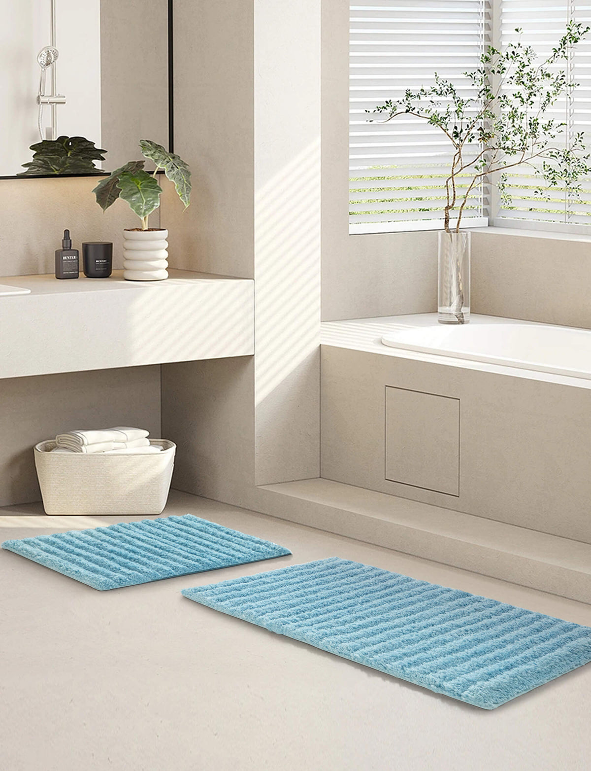 Chic-Home-Tyrion 2 Piece Plush Poly-Cotton Bath Rug Set-Pale Blue