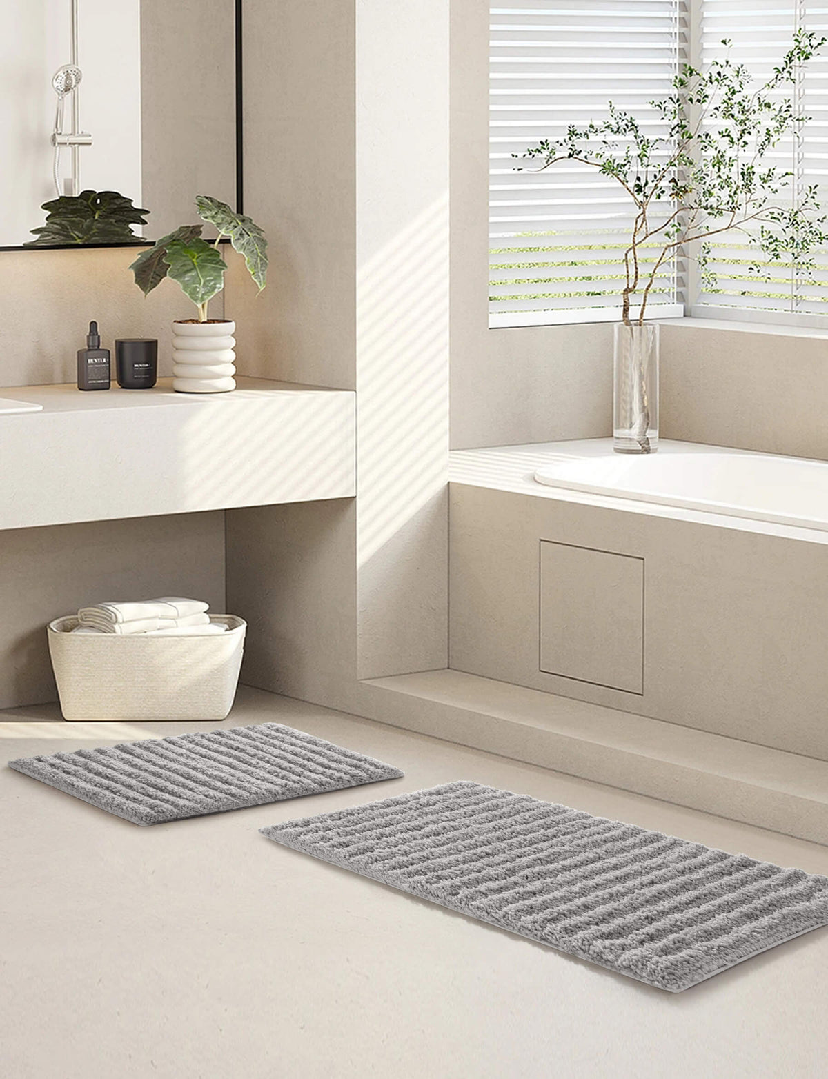 Chic-Home-Tyrion 2 Piece Plush Poly-Cotton Bath Rug Set-Grey