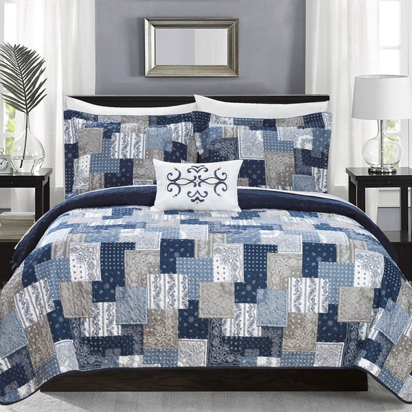 Chic Home Eliana 4 Piece Patchwork Boho Quilt Set-Navy