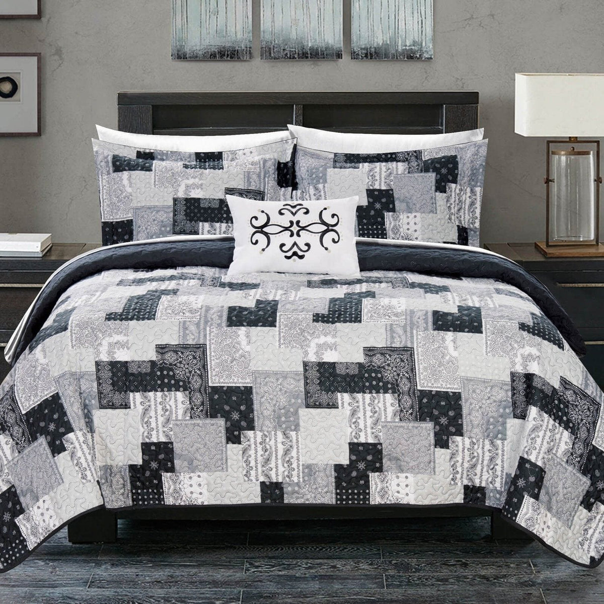 Chic Home Eliana 8 Piece Patchwork Boho Quilt Set-Black