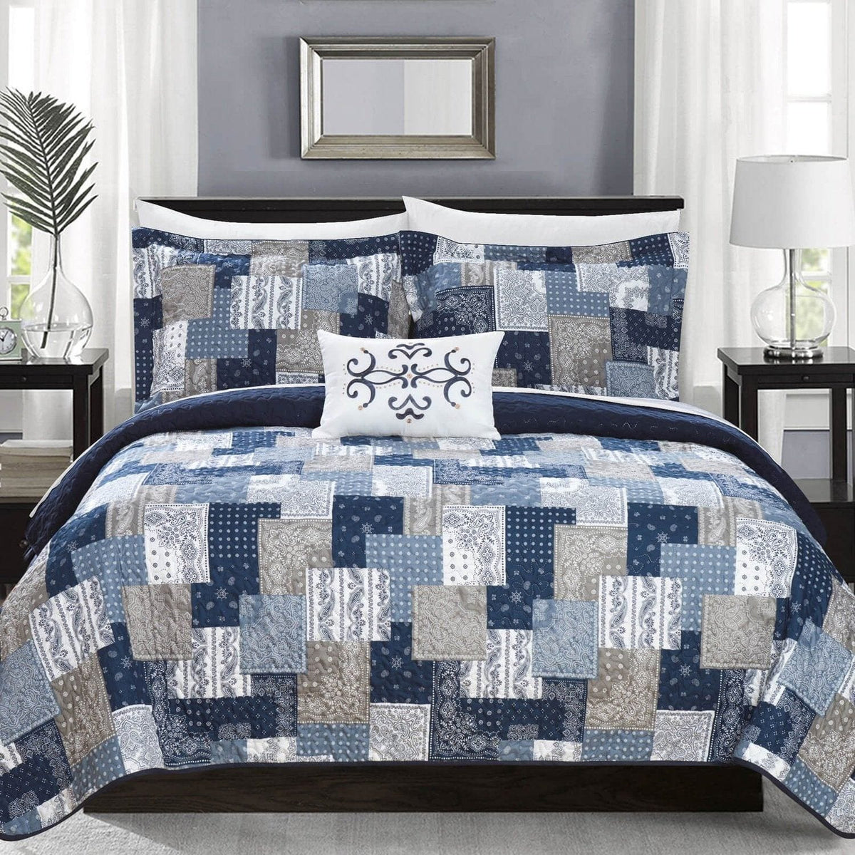 Chic Home Eliana 8 Piece Patchwork Boho Quilt Set-Navy