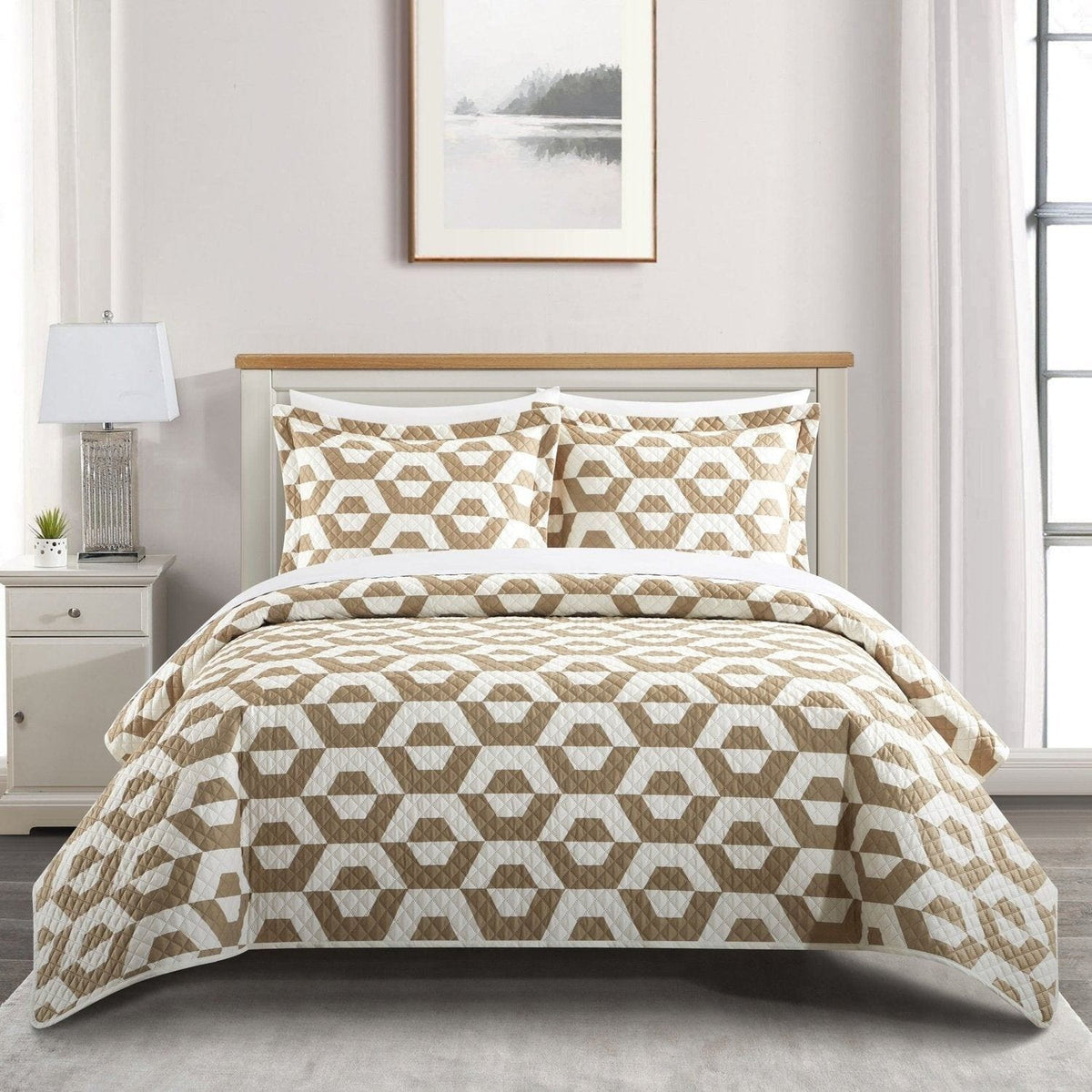 Chic Home Arthur 3 Piece Geometric Pattern Quilt Set Beige
