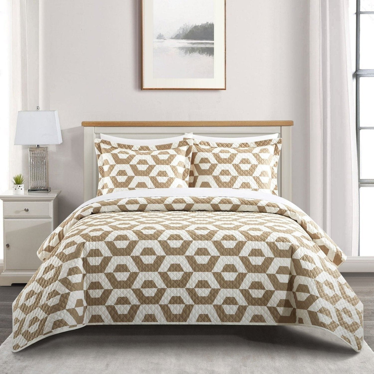 Chic Home Arthur 7 Piece Geometric Pattern Quilt Set Beige
