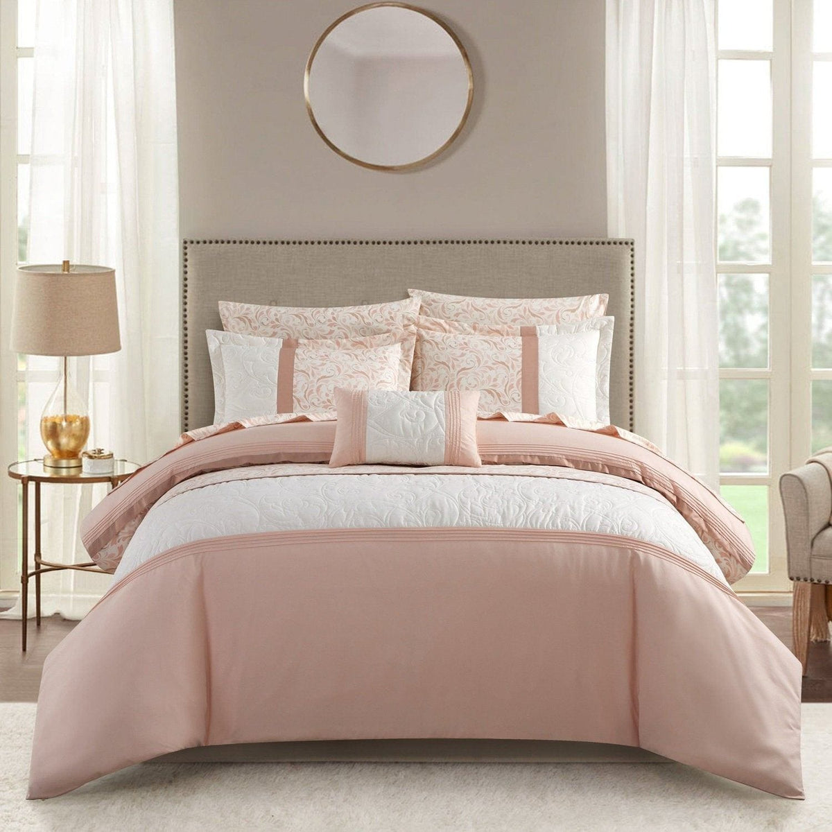 Chic Home Ava 8 Piece Color Block Floral Comforter Set Blush