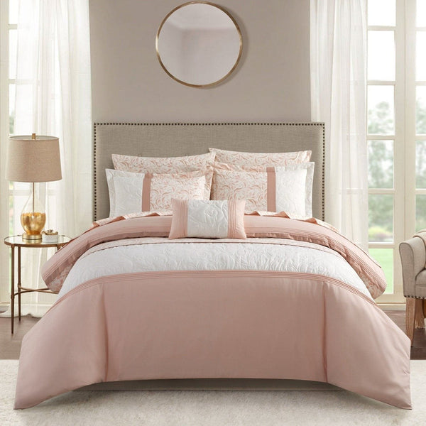 Chic Home Ava 8 Piece Color Block Floral Comforter Set Blush