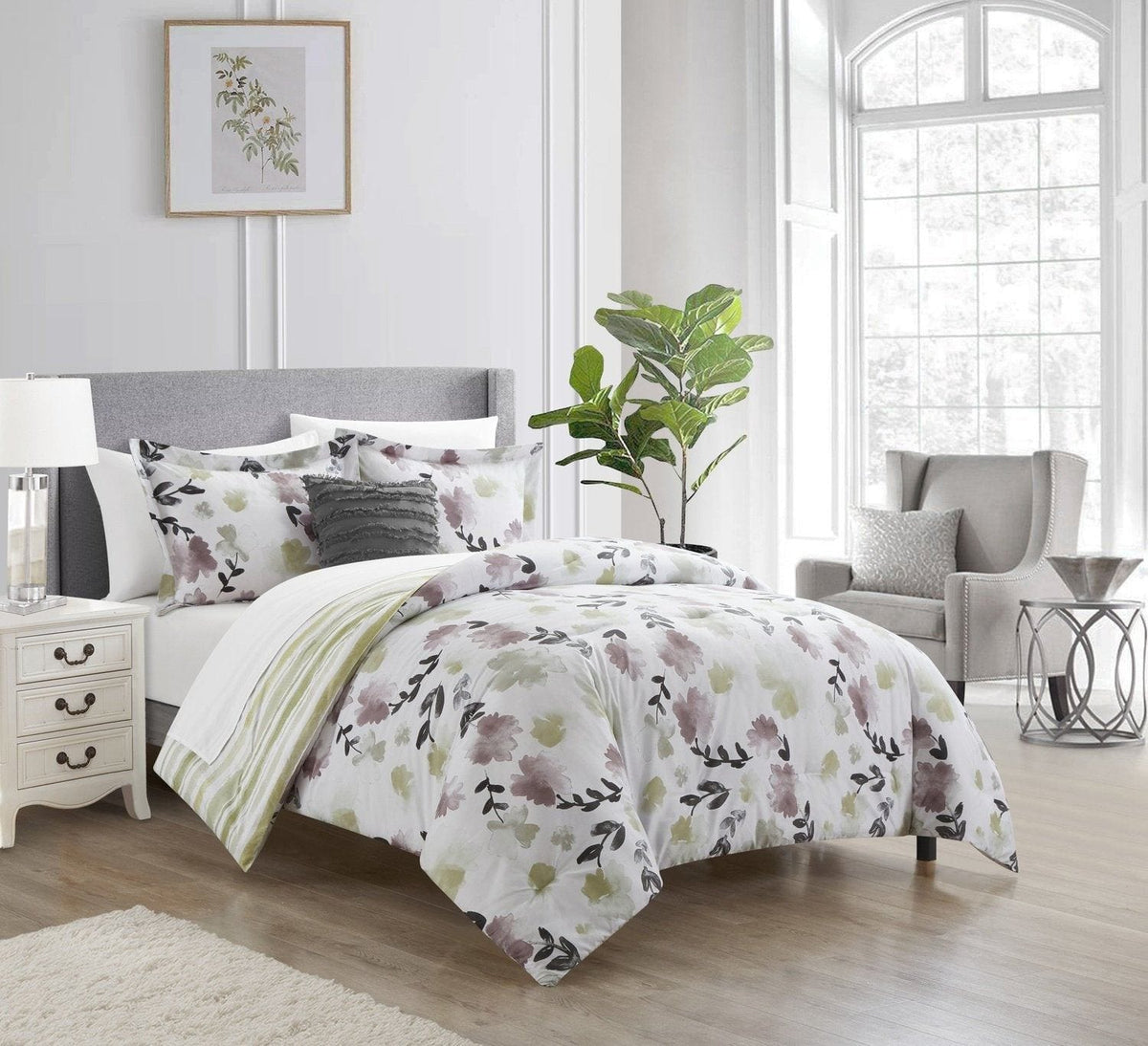 Chic Home Devon Green 8 Piece Reversible Watercolor Floral Print Comforter Set 
