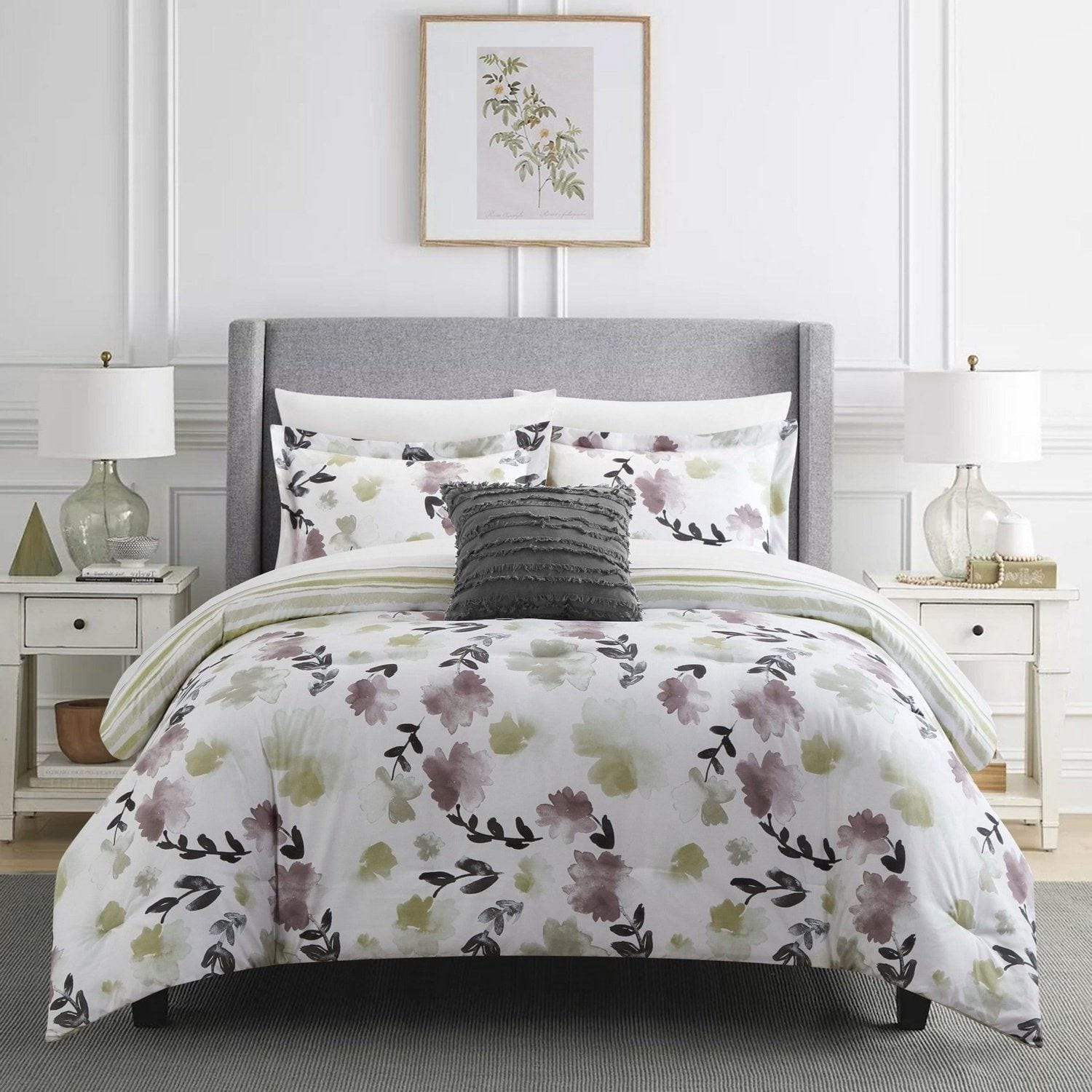 chic home Devon Green 8 Piece Reversible Watercolor Floral Print Comforter Set