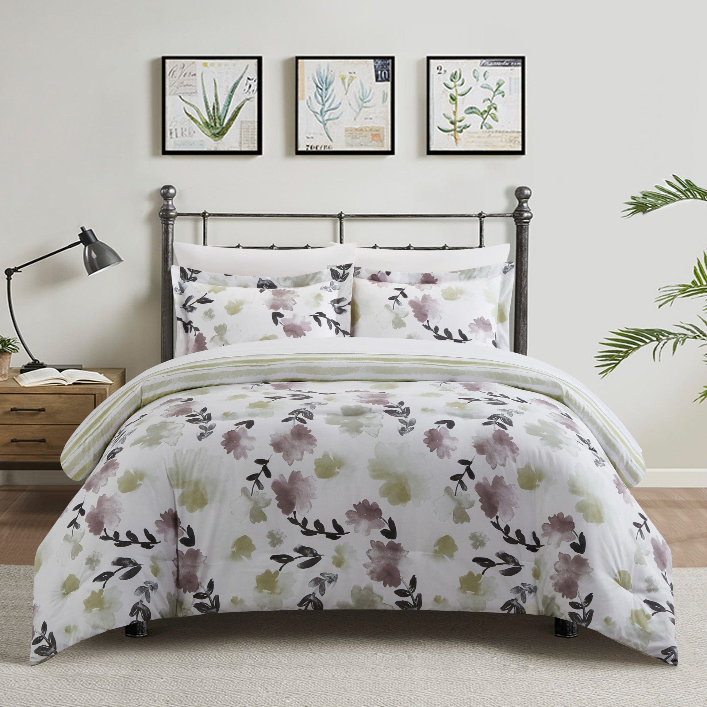 Everly Green 3 Piece Reversible Watercolor Floral Print Duvet Cover Set