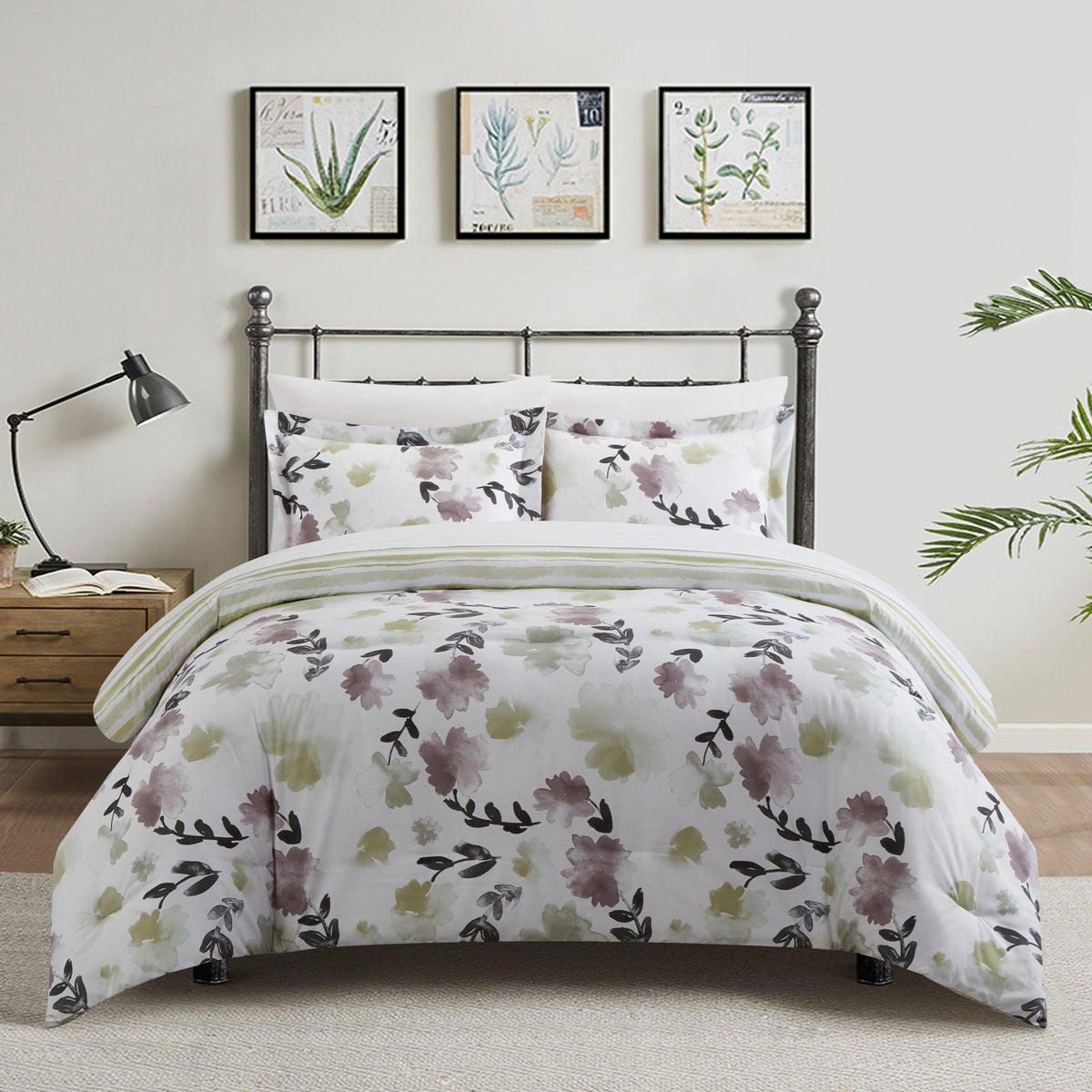 Chic Home Everly Green 3 Piece Reversible Watercolor Floral Print Duvet Cover Set Green