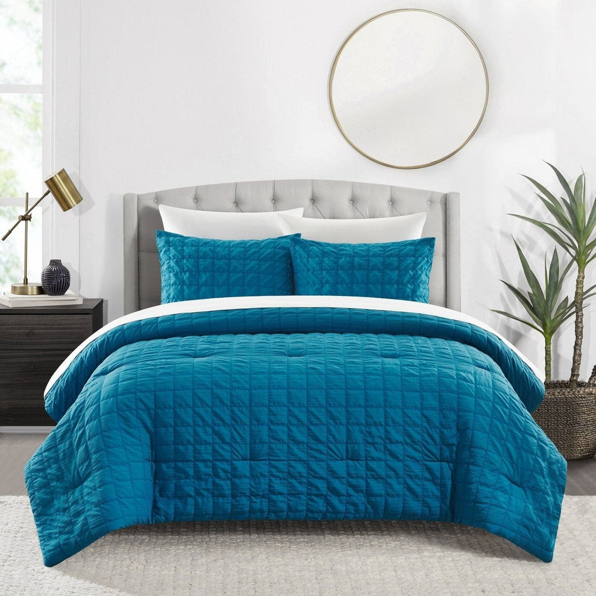 Chic Home Jessa 7 Piece Square Tile Pattern Comforter Set Blue