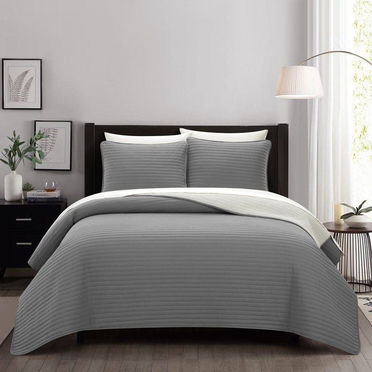 Chic Home St Paul 7 Piece Sherpa Lined Quilt Set Grey