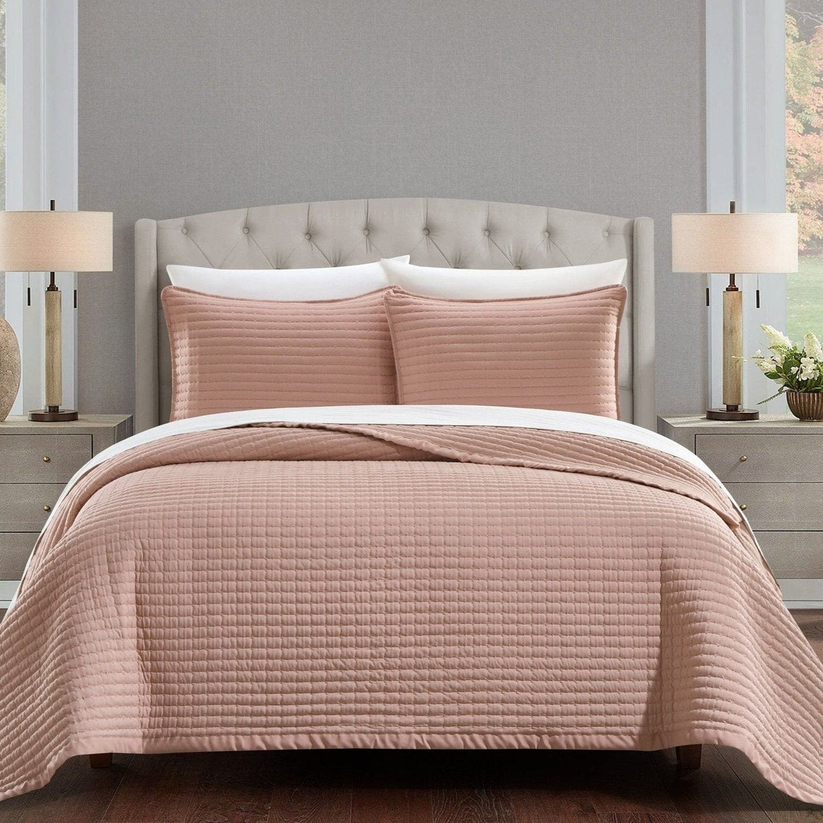 Chic Home Xavier 3 Piece Square Tile Pattern Quilt Set Rose