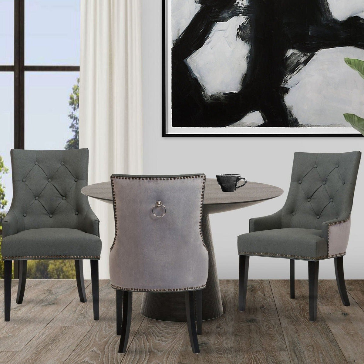 Iconic Home Cadence Faux Leather Velvet Dining Chair Set of 2 Grey