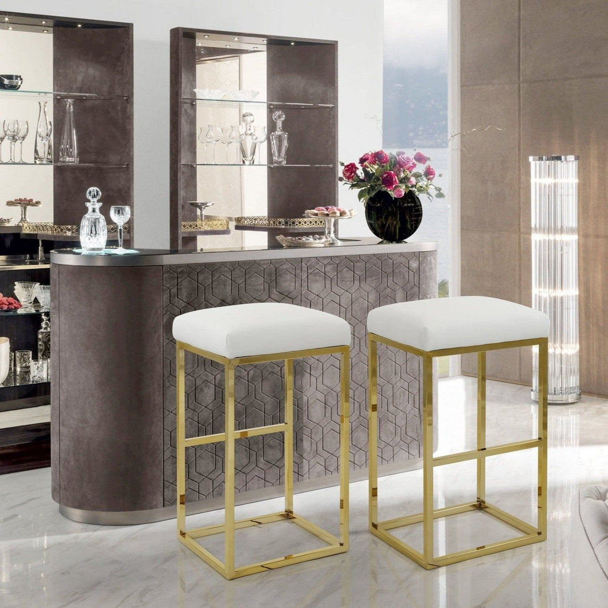 Iconic Home Skyler Faux Leather Bar Stool Chair Gold Base White