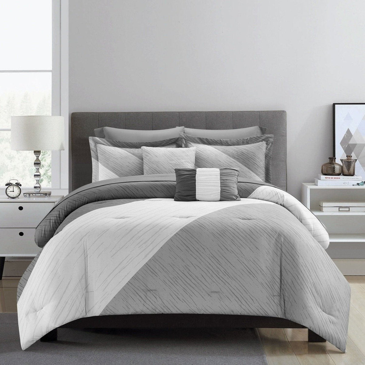 NY&C Home Kinsley 9 Piece Color Block Comforter Set Grey