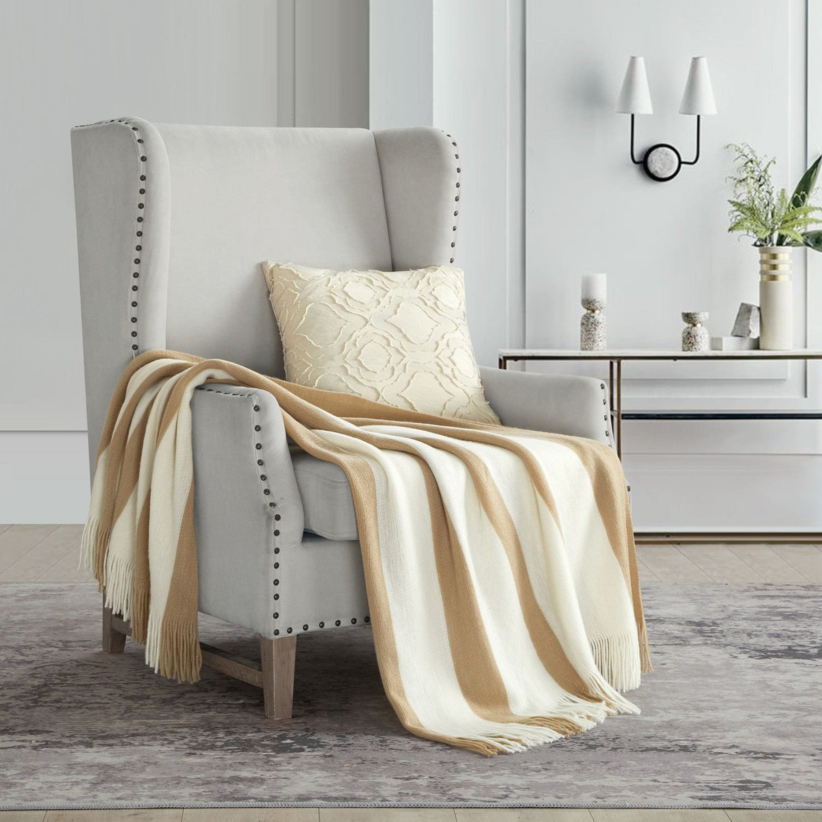 NY&C Home Lasko Faux Cashmere Striped Throw Blanket Beige