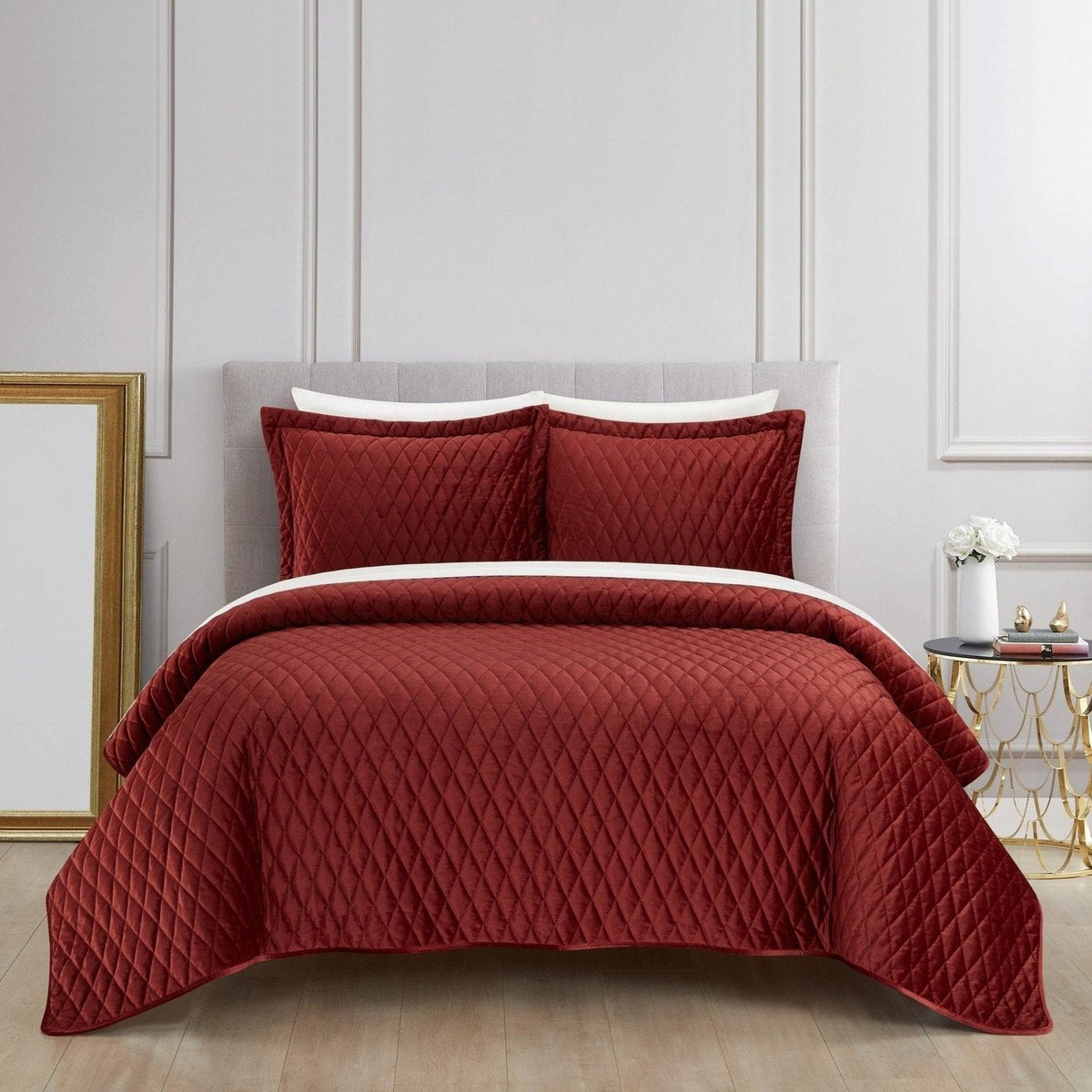 NY&C Home Wafa 3 Piece Velvet Quilt Set Brick