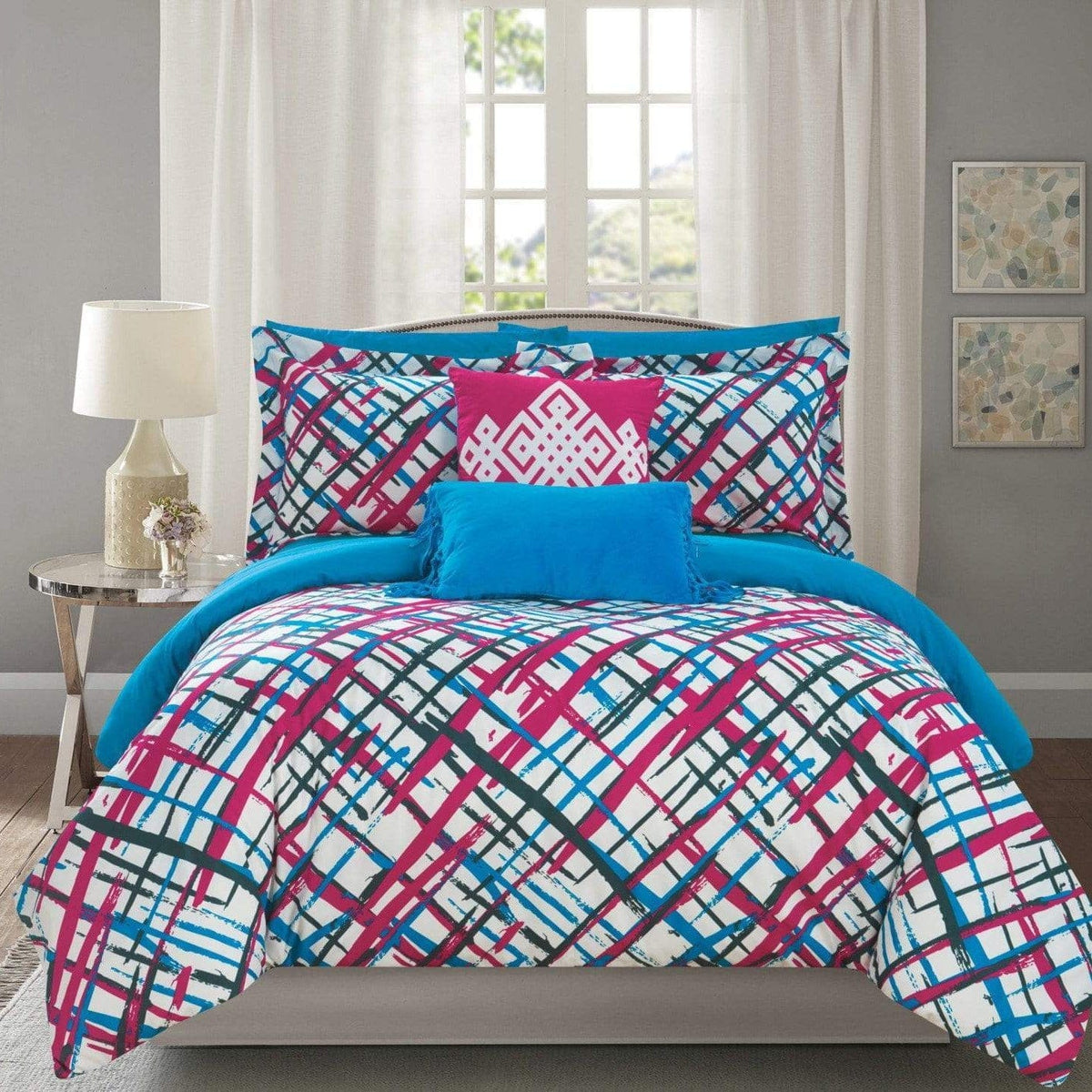 Chic Home Abstract 9 Piece Reversible Comforter Set Fuchsia