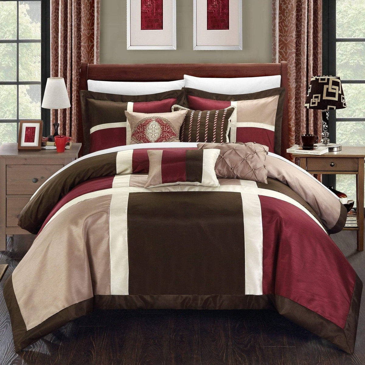 Chic Home Alleta 7 Piece Patchwork Comforter Set Burgundy