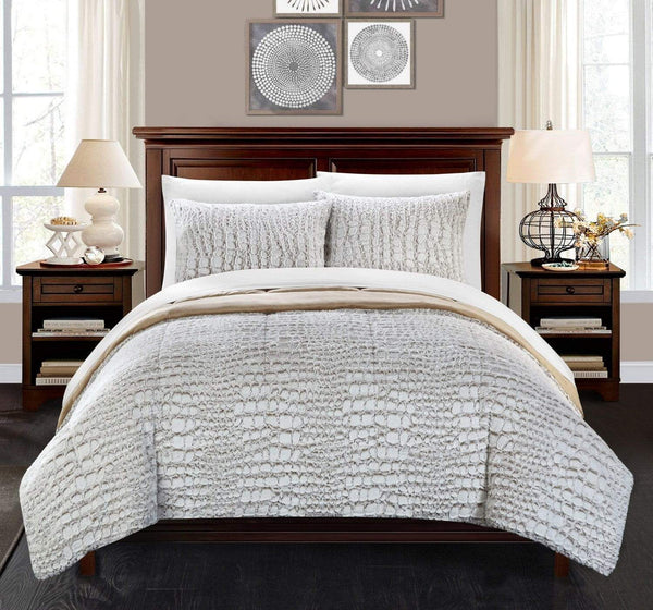 Chic Home Alligator 3 Piece Faux Fur Comforter Set Beige