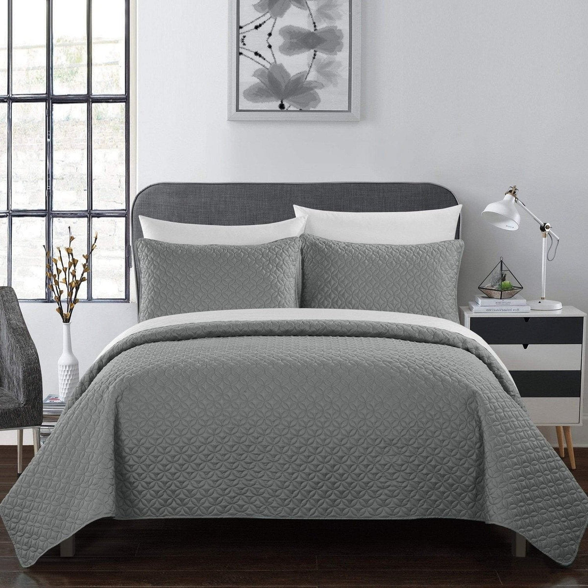 Chic Home Amandla 7 Piece Geometric Quilt Set Grey