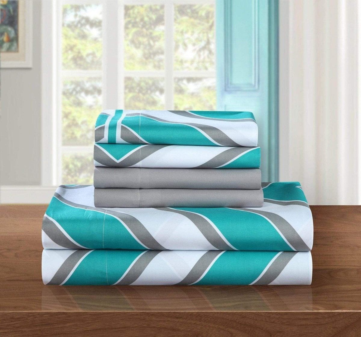 Chic Home Ariel 6 Piece Striped Chevron Sheet Set with Pillowcases Aqua