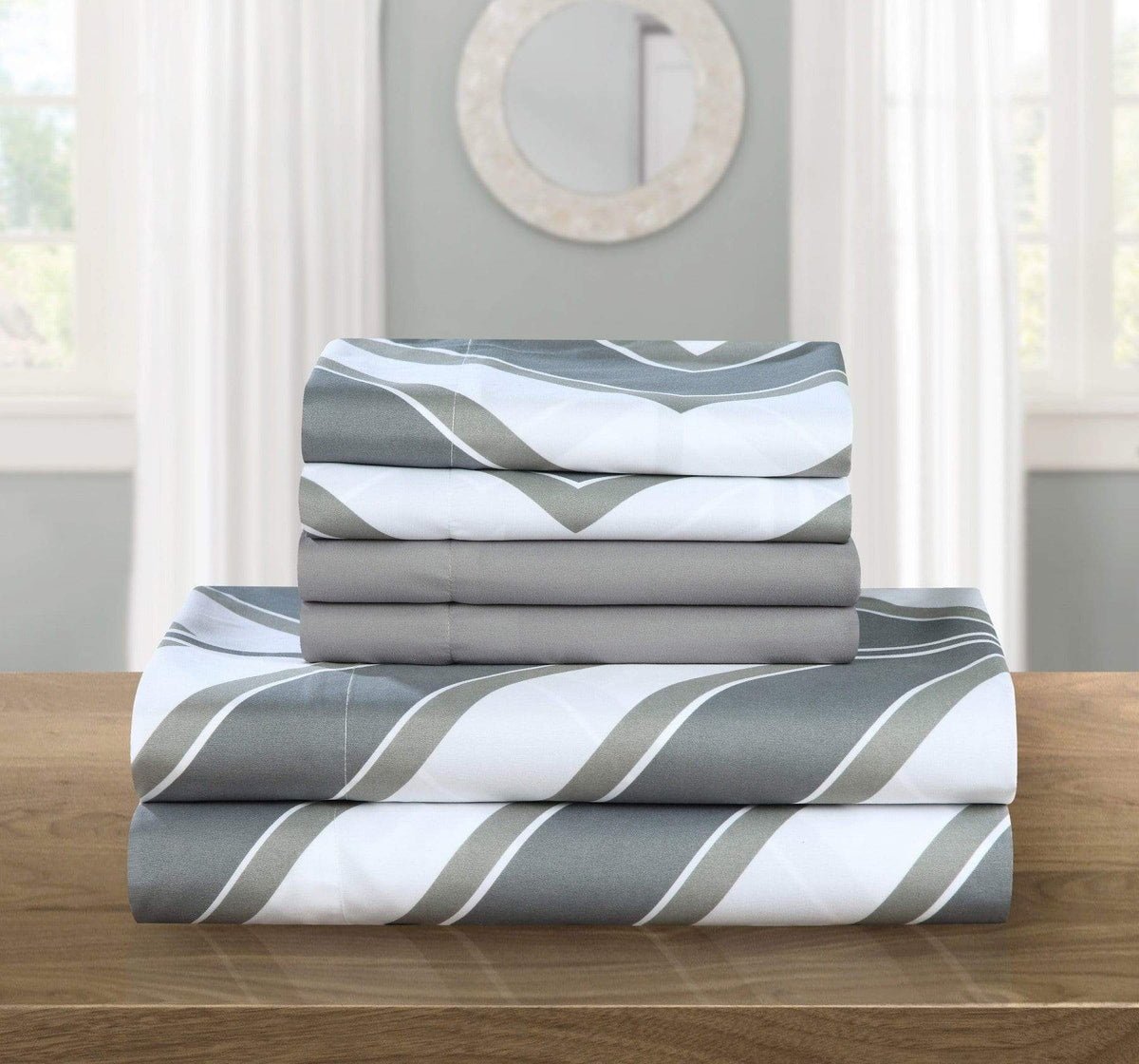 Chic Home Ariel 6 Piece Striped Chevron Sheet Set with Pillowcases Grey