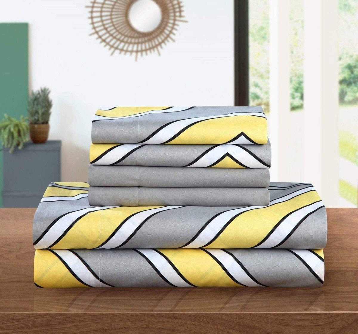 Chic Home Ariel 6 Piece Striped Chevron Sheet Set with Pillowcases Yellow