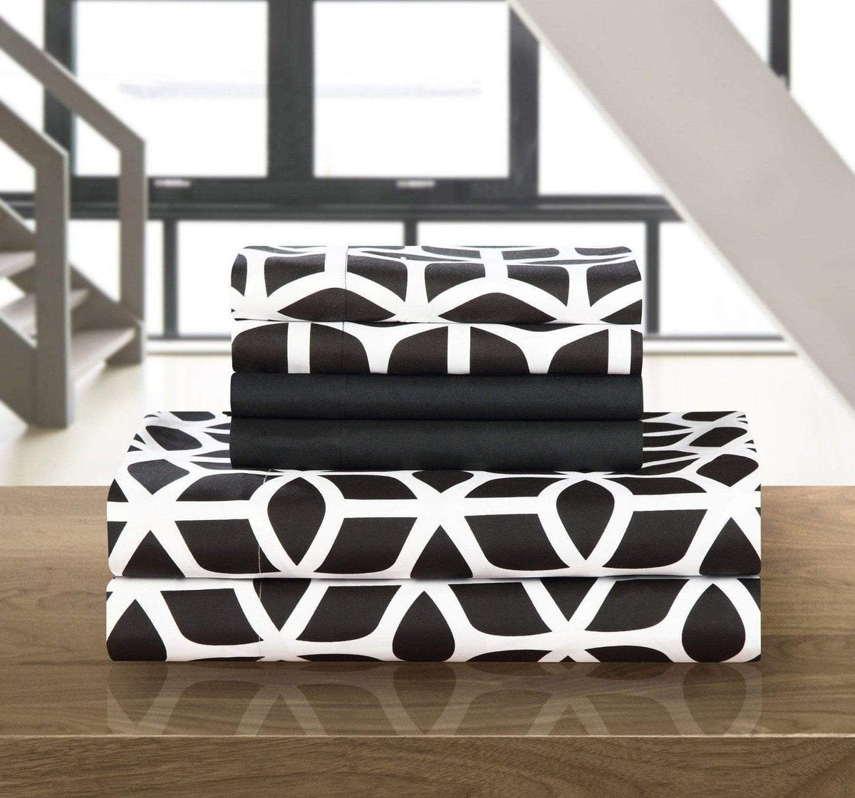 Chic Home Bailee 6 Piece Geometric Pattern Sheet Set with Pillowcases Black