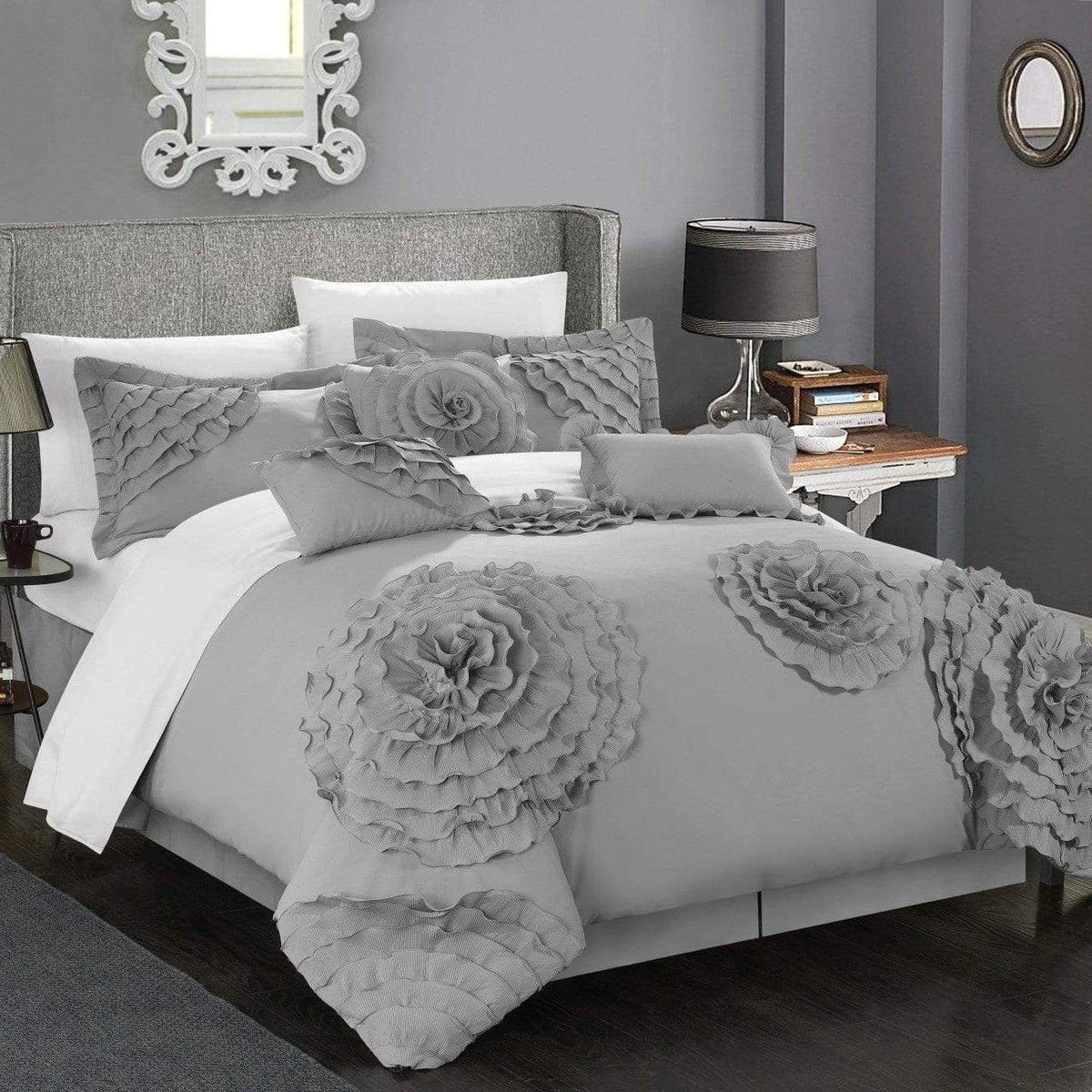 Chic Home Belinda 11 Piece Floral Comforter Set Silver