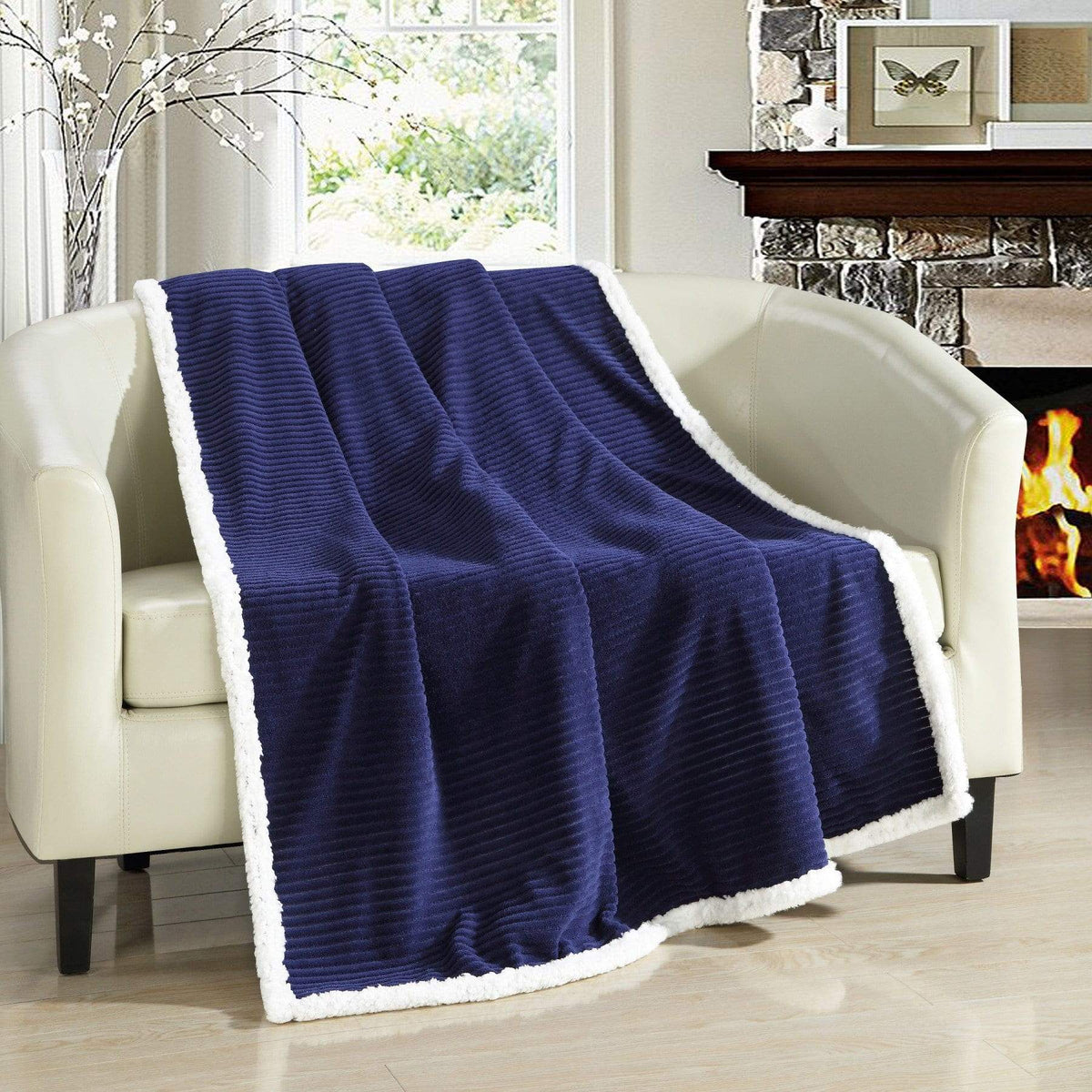 Chic Home Bern Micro Mink Sherpa Lined Throw Blanket Navy