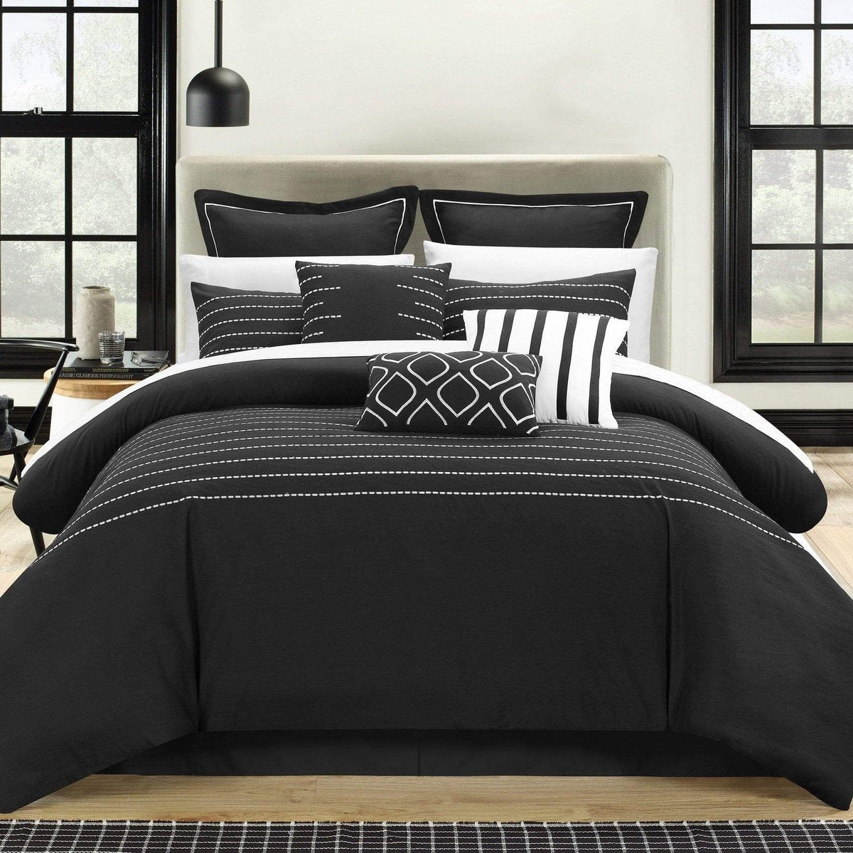Chic Home Brenton 9 Piece Embroidered Comforter Set Black