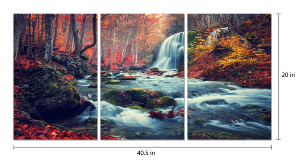 Chic Home Autumn Forest 3 Piece Set Wrapped Canvas Wall Art Giclee Print Waterfall in Woods 