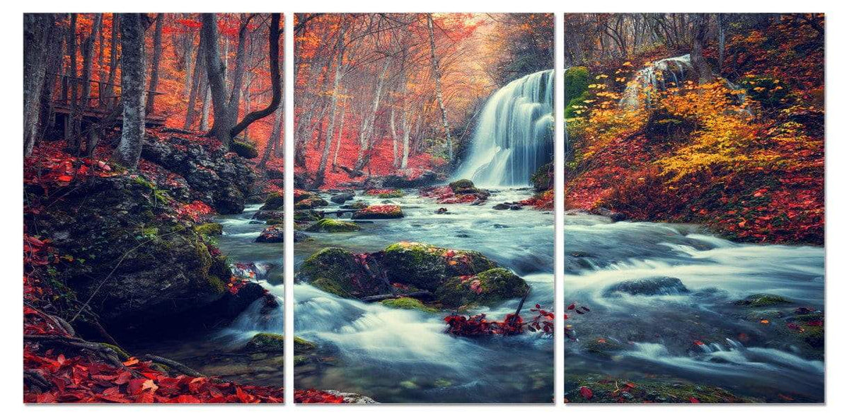 Chic Home Autumn Forest 3 Piece Set Wrapped Canvas Wall Art Giclee Print Waterfall in Woods 