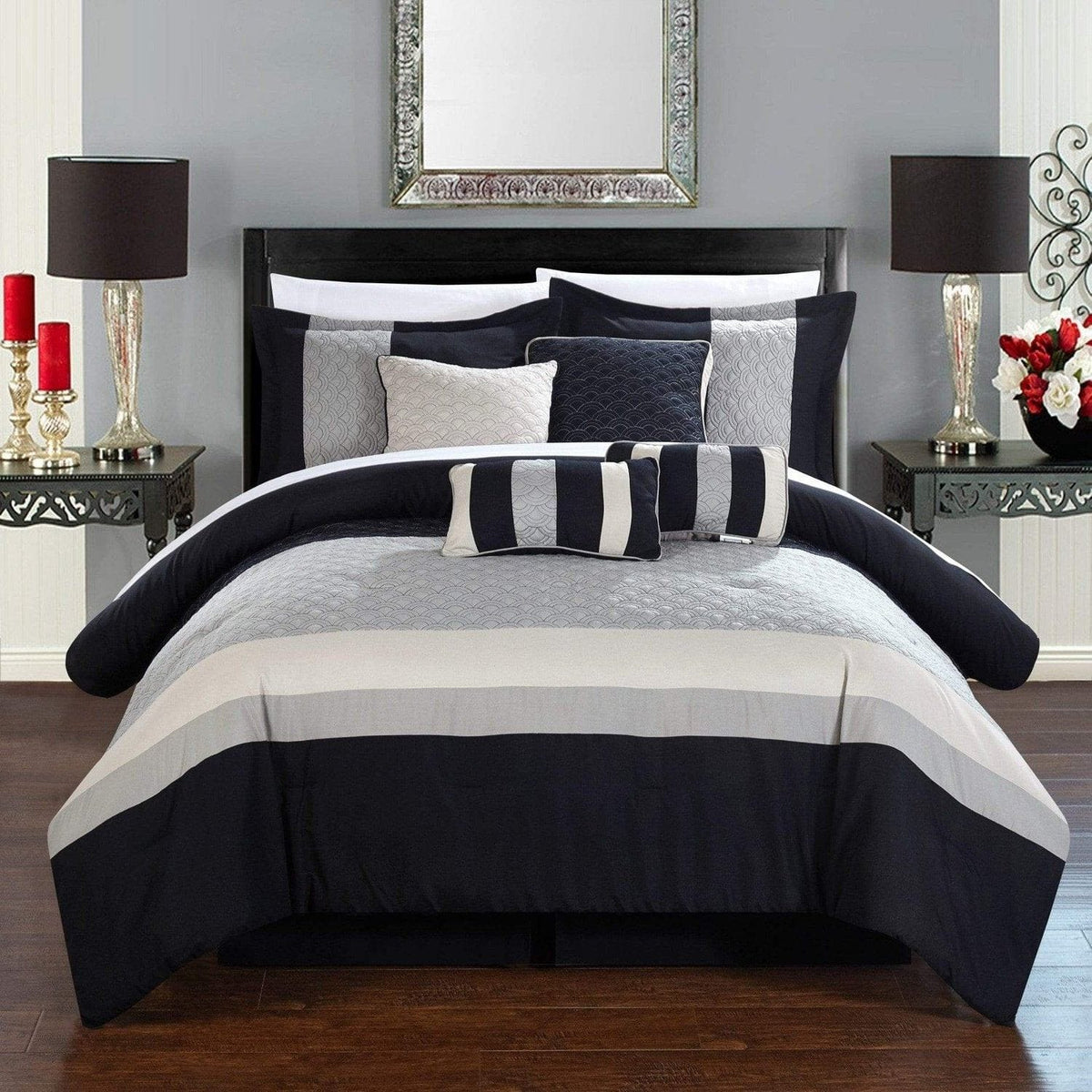Chic Home Diamante 12 Piece Color Block Comforter Set Beige