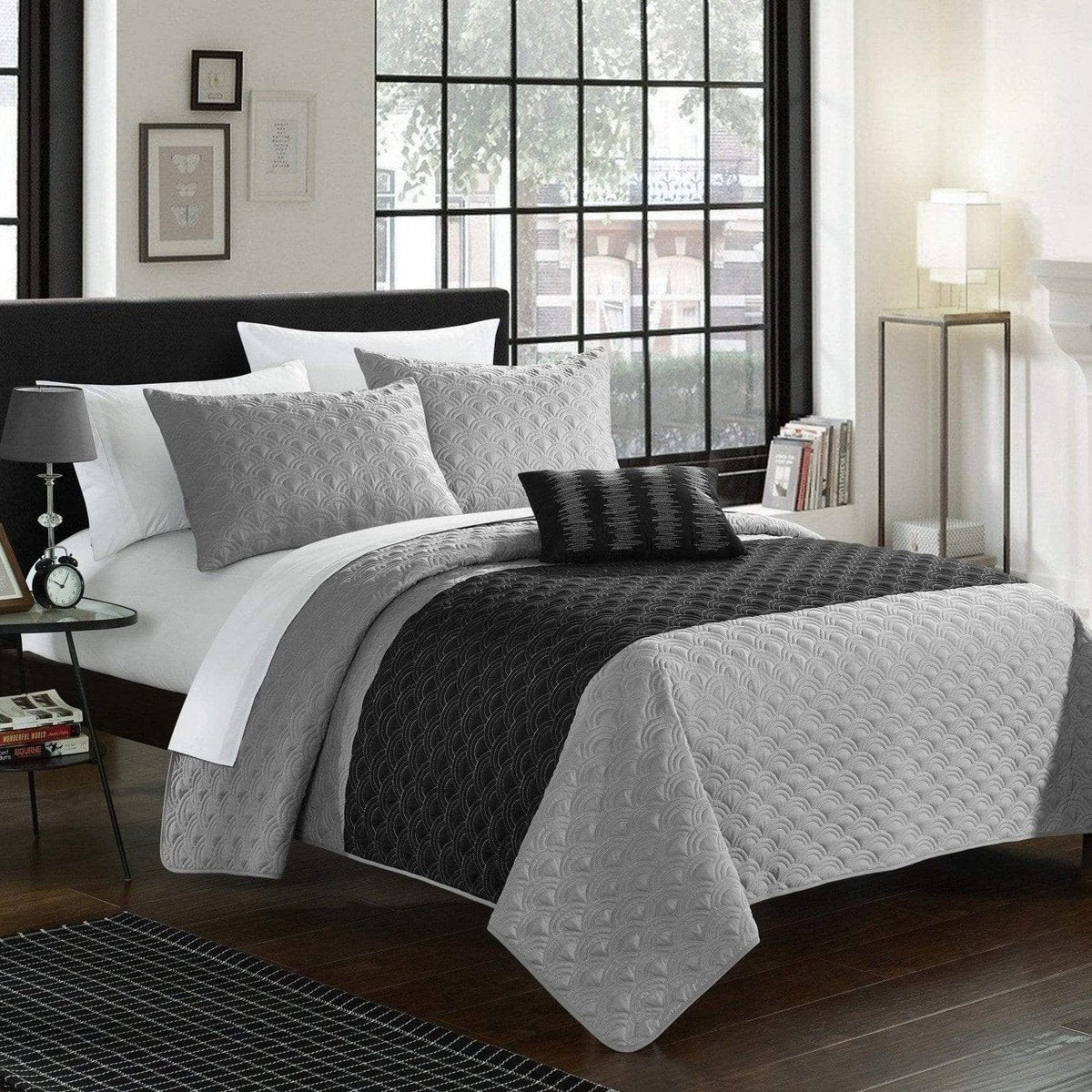 Chic Home Dominic 4 Piece Embroidered Quilt Set Grey