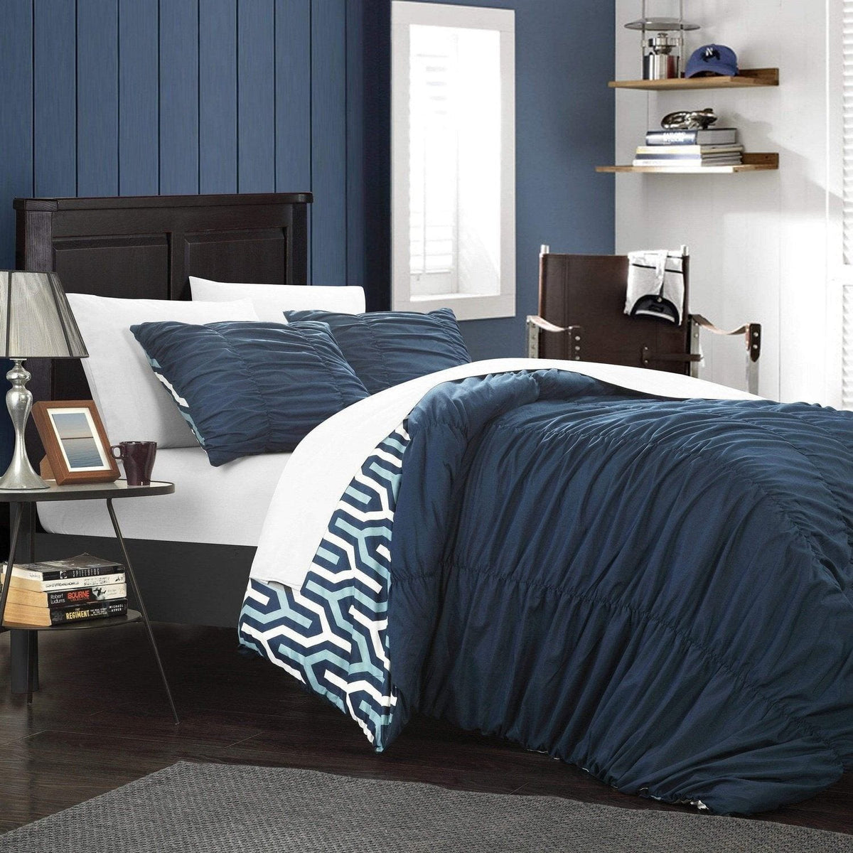 Chic Home Elissa 7 Piece Reversible Duvet Cover Set Navy